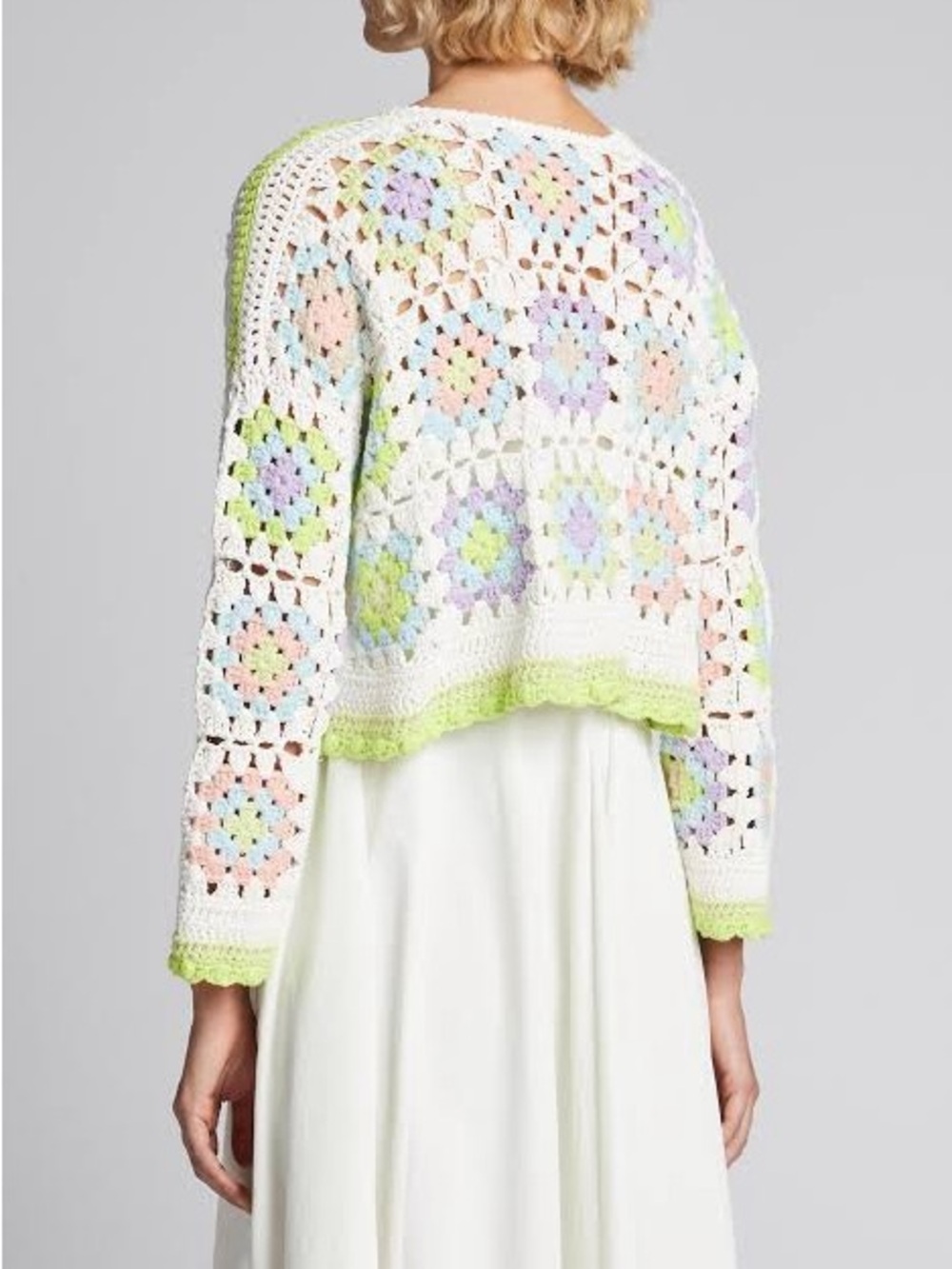 Alice and Olivia Anderson cropped boxy crochet cardigan pastel colors